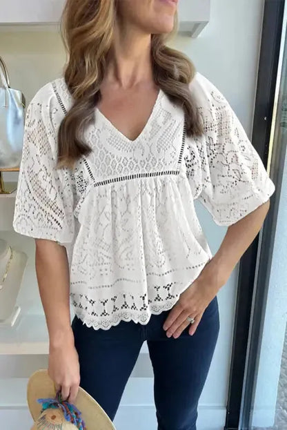 White Blouse - Lace Crochet V-Neck