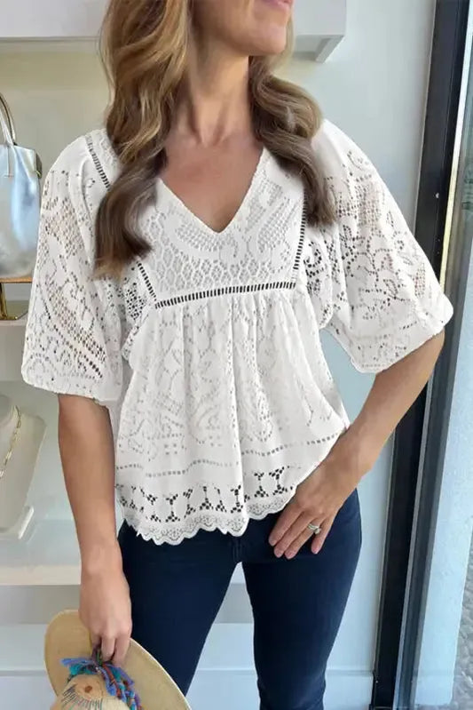 White Blouse - Lace Crochet V-Neck