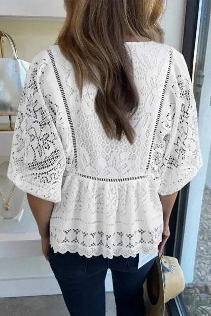 White Blouse - Lace Crochet V-Neck