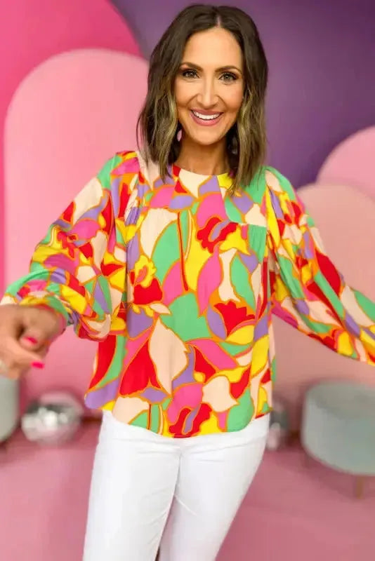 Yellow Abstract Puff Sleeve Blouse