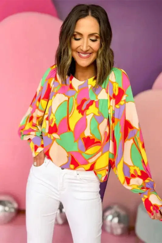 Yellow Abstract Puff Sleeve Blouse