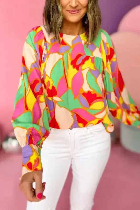 Yellow Abstract Puff Sleeve Blouse
