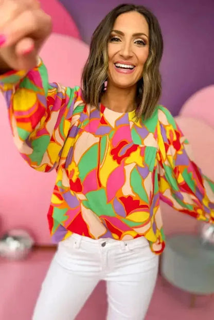 Yellow Abstract Puff Sleeve Blouse